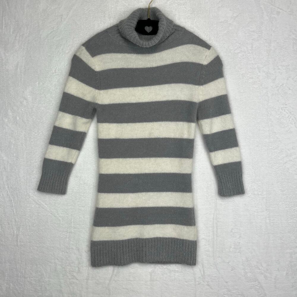 Bebe O Angora‎ Blend Sweater Turtleneck Gray White Striped 3/4 Sleeve S VTG Y2K